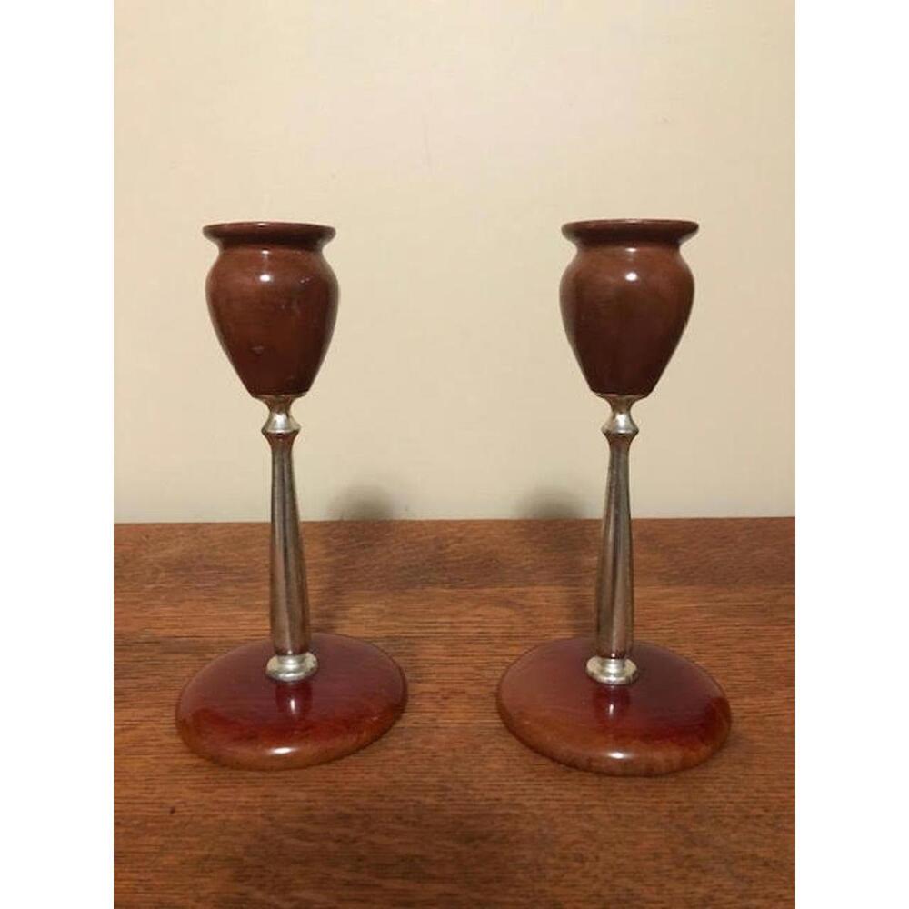 Pair of MCM Vintage Polished Wood Candlestick Holders - California Redwood